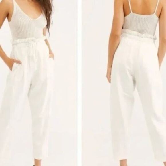 Free People Margate Pleated Trousers Pants White Small Paper Bag High Rise Ankle - Picture 2 of 15